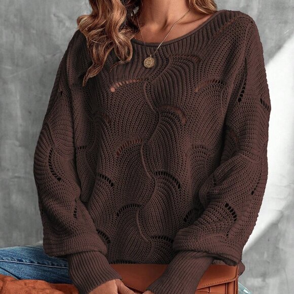 Brown Casual Womens Lantern Sleeve Pointelle Knit Pullover Sweater - Picture 7 of 7